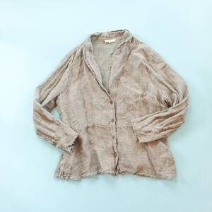 Eileen Fisher 100% Linen Brown Open Front Lagenlook Button Up Jacket Size Small